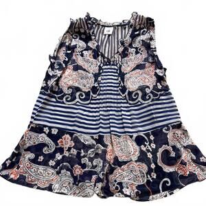 CAbi Blue Floral Paisley Print Striped Sheer Peplum Tank Top Blouse Size S